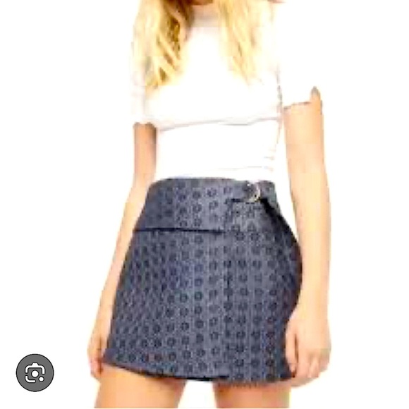 Free People All The Shine Jacquard Mini Skirt Blue Belted‎ Retro Preppy Size 12 - Picture 1 of 11